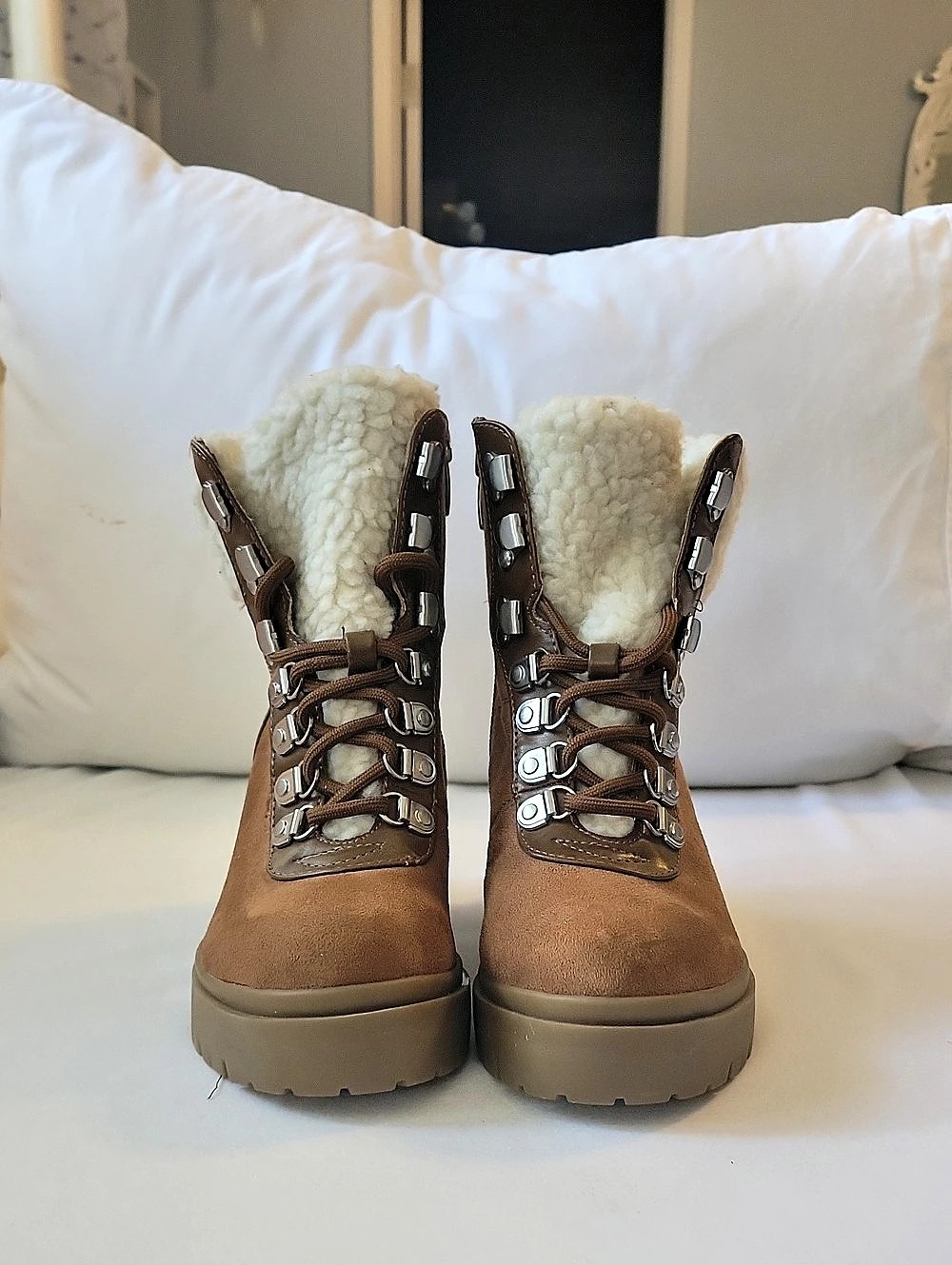 Nine West Fur Trim Platform Ankle Boots Brown & Cream